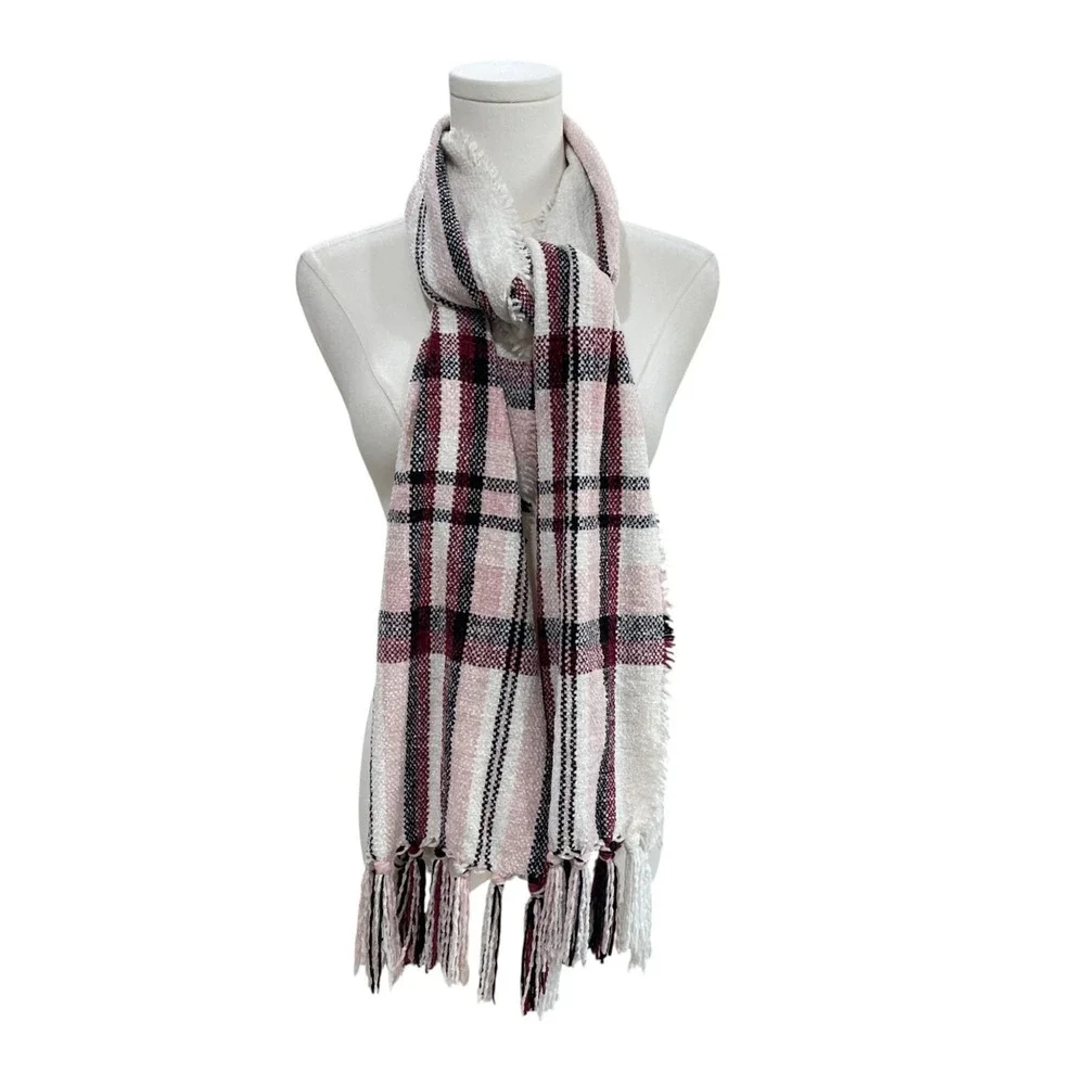 Style And Co Pink Plaid Fringe Scarf Soft Cozy Winter Fall Accessories Checkered